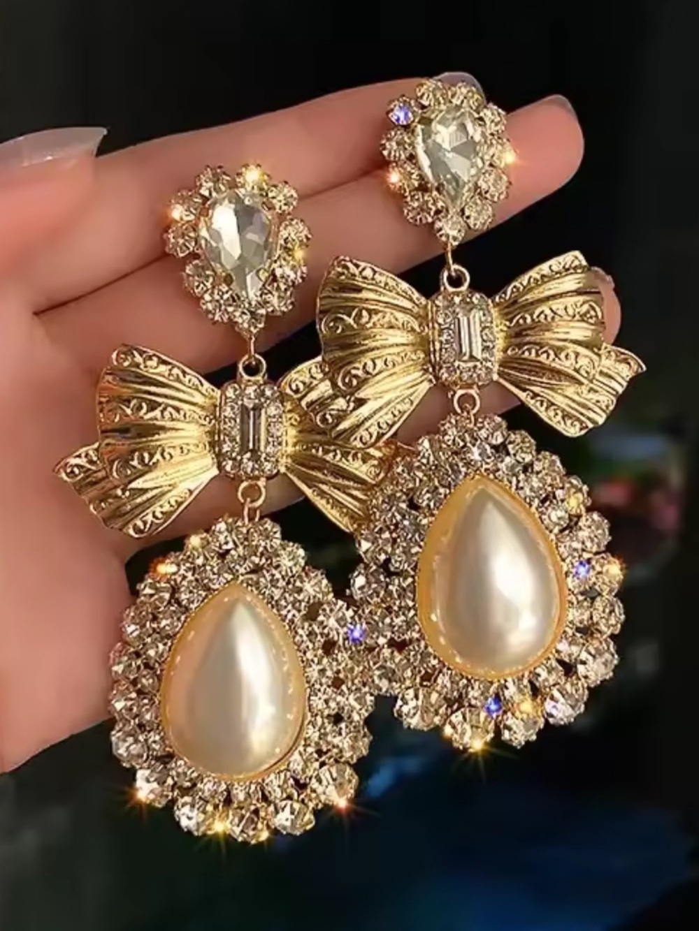 Gold Bow Pearl Drop Earrings with Clear Crystals